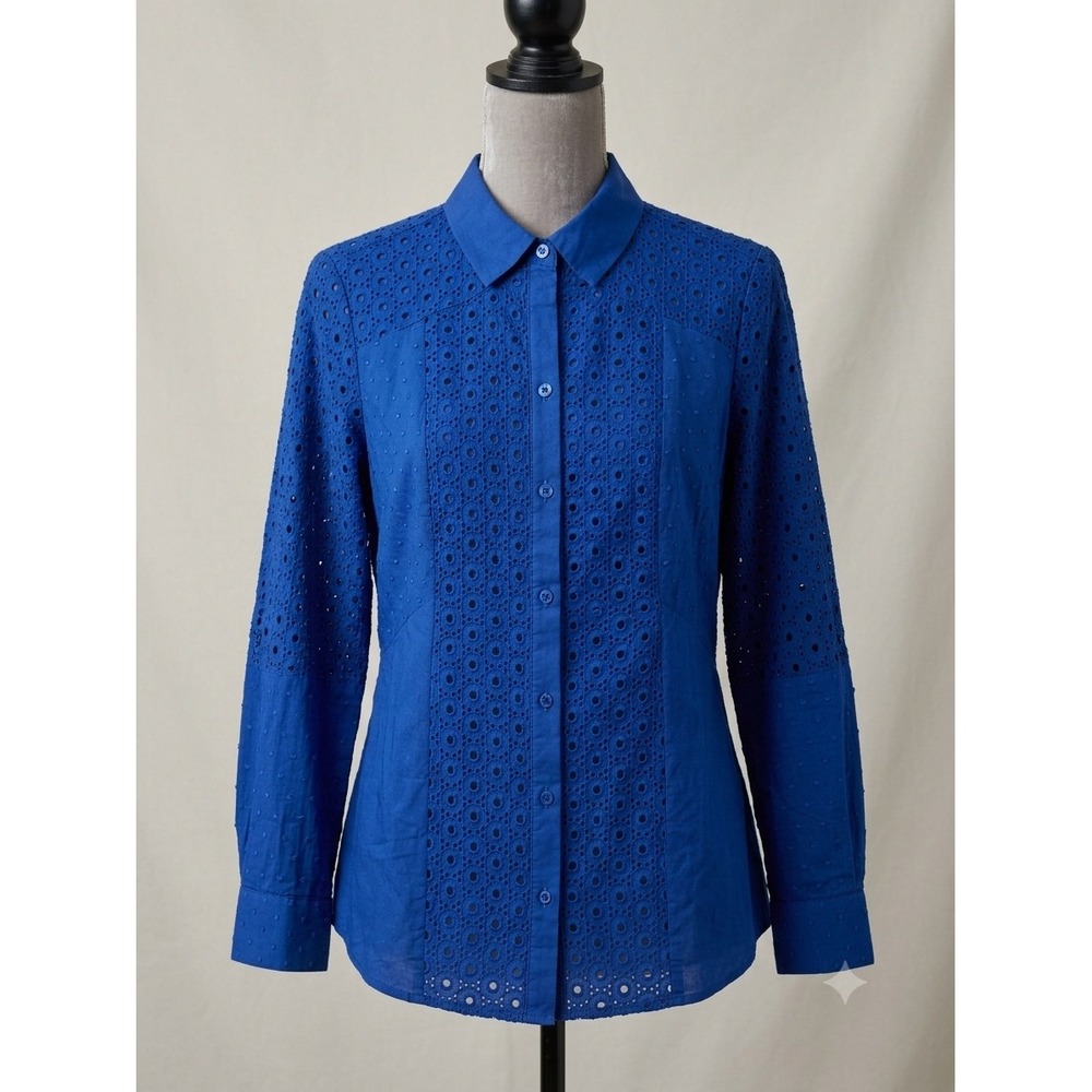 Chicos Eyelet Mix Shirt Blue Grotto Cobalt Lace Button Front Top Size 1